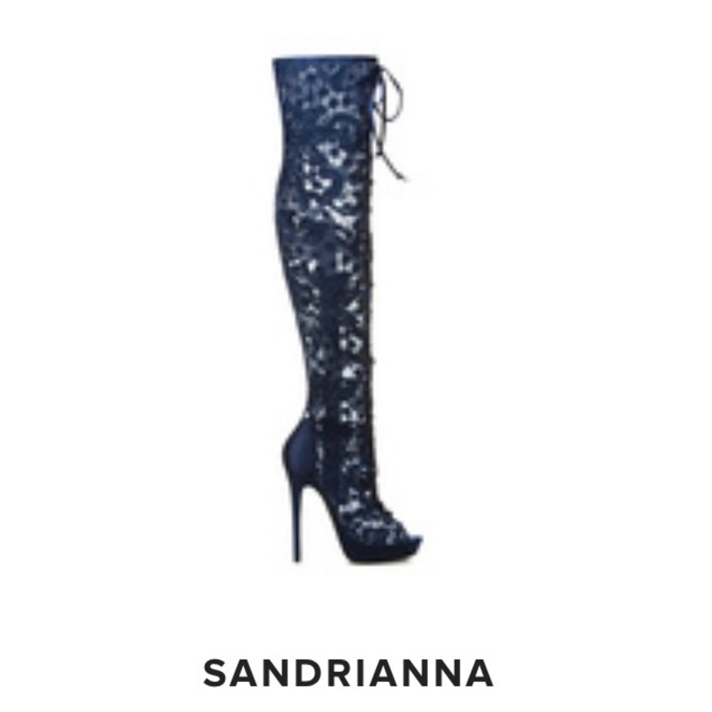 Meet Sandrianna. Over the knee navy lace boots